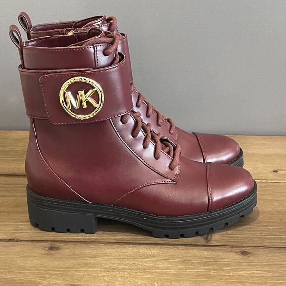 Michael Kors Women's Tatum Combat Boots Size 5 M Maroon Burgundy Zip Up Lace Up - Picture 1 of 16